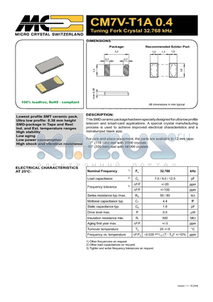 CM7V-T1A0.4 datasheet - Tuning Fork Crystal 32.768 kHz