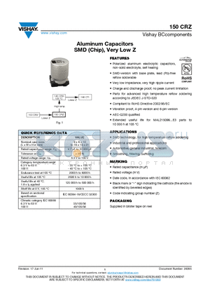 150CRZ datasheet - Aluminum Capacitors SMD (Chip), Very Low Z