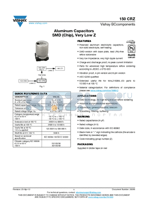 150CRZ datasheet - Aluminum Capacitors SMD (Chip), Very Low Z