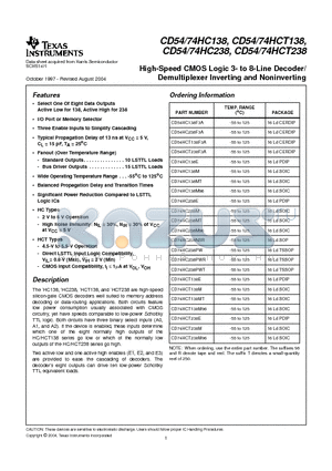 CD54HCT138F3A datasheet - High-Speed CMOS Logic 3- to 8-Line Decoder/ Demultiplexer Inverting and Noninverting