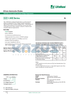 1.5KE datasheet - Silicon Avalanche Diodes - 1500 Watt Axial Leaded Transient Voltage Suppressors