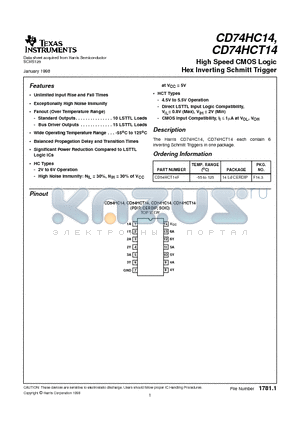 CD54HCT14F datasheet - High Speed CMOS Logic Hex Inverting Schmitt Trigger