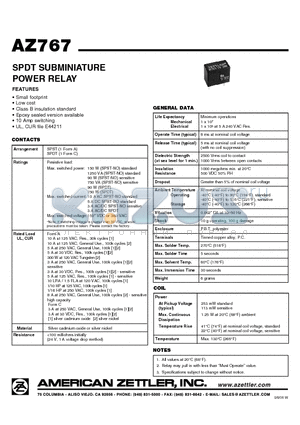 AZ767-1A-3DS datasheet - SPDT SUBMINIATURE POWER RELAY
