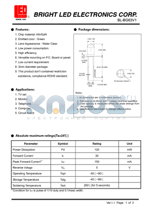 BL-BG63V1 datasheet - LED AlInGaN Green Low current requirement.