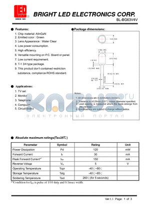 BL-BG63V4V datasheet - LED AlInGaN Green Low current requirement.