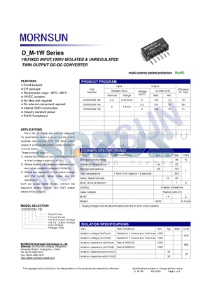 D030505M-1W datasheet - TWIN OUTPUT DC-DC CONVERTER