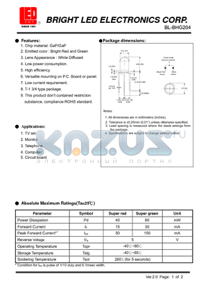 BL-BHG204 datasheet - LED GaP/GaP Bright Red and Green Low current requirement.