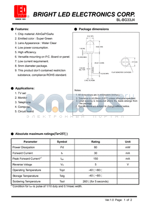 BL-BG33J4 datasheet - LED AlGaInP/GaAs Super Red Low current requirement.