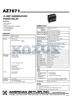 AZ7671-1A-6DS datasheet - 10 AMP SUBMINIATURE POWER RELAY