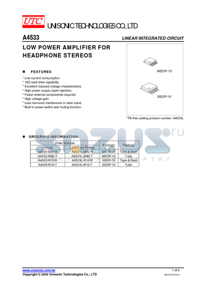 A4533 datasheet - LOW POWER AMPLIFIER FOR HEADPHONE STEREOS