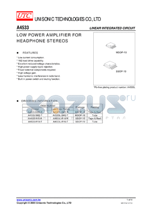 A4533 datasheet - LOW POWER AMPLIFIER FOR HEADPHONE STEREOS