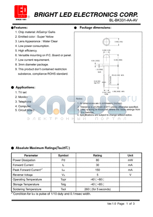 BL-BK331-AA-AV datasheet - Chip material: AlGaInp/ GaAs