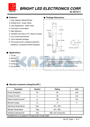 BL-BK33V1 datasheet - LED AlGaInP/GaAs Super Yellow Low current requirement.