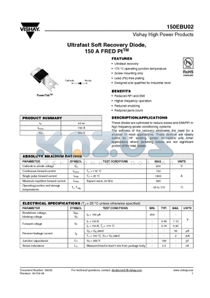 150EBU02 datasheet - Ultrafast Soft Recovery Diode, 150 A FRED PtTM