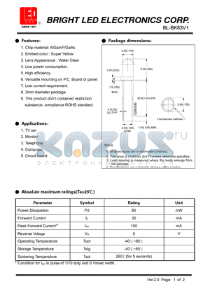 BL-BK83V1 datasheet - LED AlGaInP/GaAs Super Yellow Low current requirement.