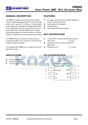 CM8662 datasheet - AUDIO POWER AMP WITH SHUTDOWN MODE