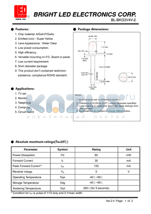 BL-BKG3V4V-2 datasheet - LED AlGaInP/GaAs Super Yellow Low current requirement.