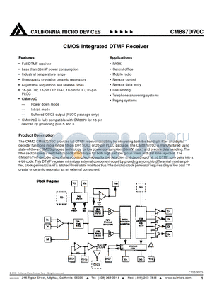 CM8870 datasheet - CMOS Integrated DTMF Receiver
