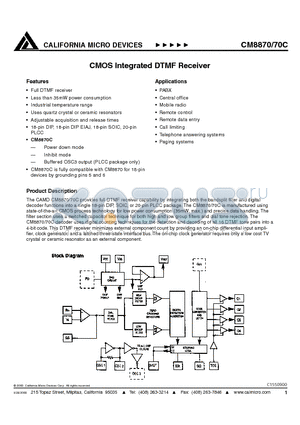 CM8870-70C datasheet - CMOS Integrated DTMF Receiver