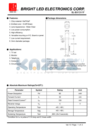 BL-BX13V1F datasheet - LED GaP/GaP Hi-Eff Green Low current requirement.