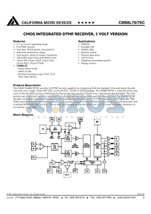 CM88L70C datasheet - CMOS INTEGRATED DTMF RECEIVER, 3 VOLT VERSION