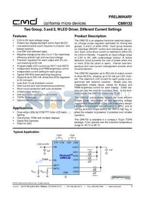 CM9132 datasheet - Two Group, 3 and 2, WLED Driver, Different Current Settings
