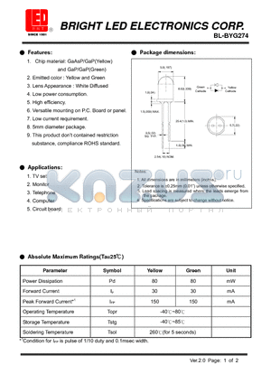 BL-BYG274 datasheet - LED GaAsP/GaP and GaP/GaP Yellow and Green Low current requirement.