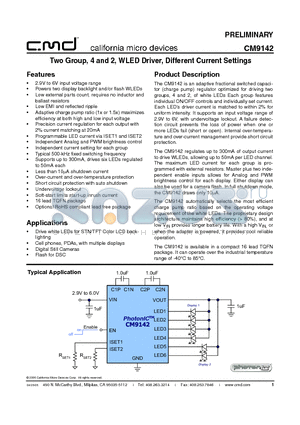 CM9142 datasheet - Two Group, 4 and 2, WLED Driver, Different Current Settings