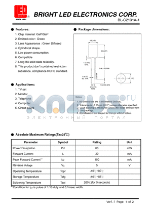 BL-C2131A-1 datasheet - GaP/GaP Green Low power consumption.