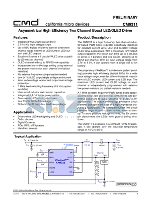CM9311-01DE datasheet - Asymmetrical High Efficiency Two Channel Boost LED/OLED Driver