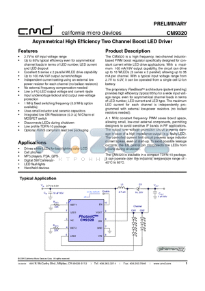 CM9320 datasheet - Asymmetrical High Efficiency Two Channel Boost LED Driver