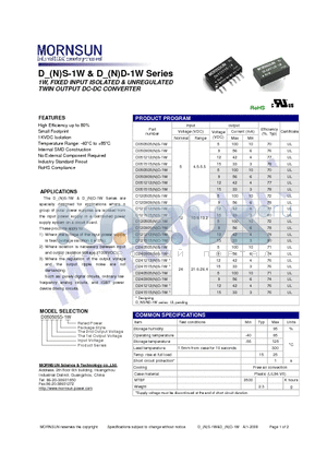 D050505ND-1W datasheet - TWIN OUTPUT DC-DC CONVERTER