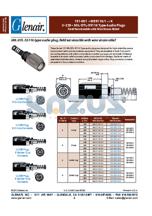 151-001-1-2 datasheet - U-229  MIL-DTL-55116 Type Audio Plugs Field Serviceable with Wire Strain Relief