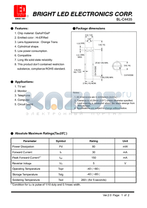 BL-C4435 datasheet - LED GaAsP/GaP Hi-Eff Red Low power consumption.