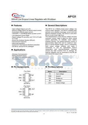 AP131-20W datasheet - 300mA Low Dropout Linear Regulator with Shutdown