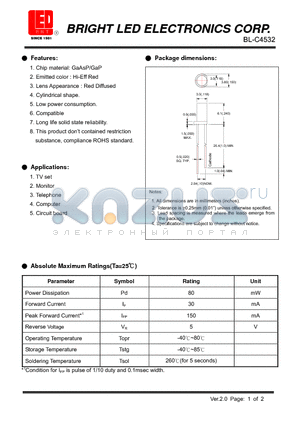 BL-C4532 datasheet - LED GaAsP/GaP Hi-Eff Red Low power consumption.