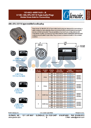 151-002-1-1 datasheet - U-182 . MIL-DTL-55116 Type Audio Plugs Molded Strain Relief for Overmolding