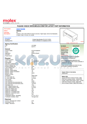 22-15-2256 datasheet - 2.54mm (.100) Pitch KK^ PC Board Connector, Right Angle, End-to-End Stackable, 2.54lm (100l) Tin (Sn), 25 Circuits