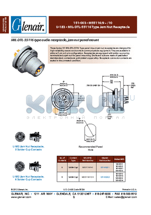 151-003 datasheet - U-183 . MIL-DTL-55116 Type Jam Nut Receptacle