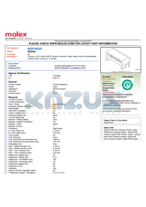 22-16-2022 datasheet - 2.54mm (.100) Pitch KK^ PC Board Connector, Right Angle, End-to-End Stackable, 0.80lm (30l) Gold (Au), 2 Circuits