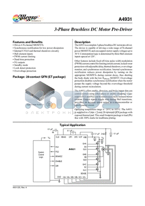 A4931 datasheet - The A4931 is a complete 3-phase brushless DC motor pre-driver.