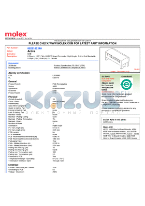 22-16-2140 datasheet - 2.54mm (.100) Pitch KK^ PC Board Connector, Right Angle, End-to-End Stackable 0.38lm (15l) Gold (Au), 14 Circuits