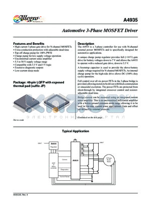 A4935_12 datasheet - The A4935 is a 3-phase controller for use with N-channel external power MOSFETs and is specifically designed for automotive applications.