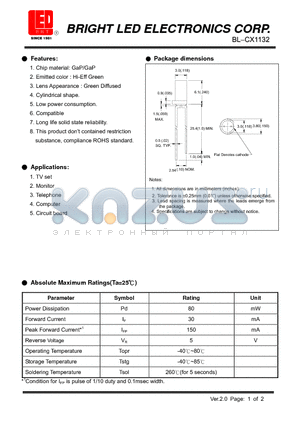 BL-CX1132 datasheet - LED GaP/GaP Hi-Eff Green Low power consumption.