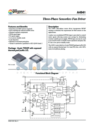A4941 datasheet - The A4941 three-phase motor driver incorporates BEMF sensing to eliminate the requirement for Hall sensors in fan applications.