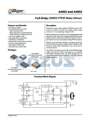 A4953 datasheet - Designed for pulse width modulated (PWM) control of DC motors, the A4952 and A4953 are capable of peak output currents to a2 A and operating voltages to 40 V.