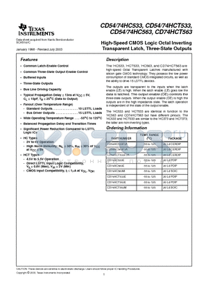 CD54HCT533F3A datasheet - High-Speed CMOS Logic Octal Inverting Transparent Latch, Three-State Outputs