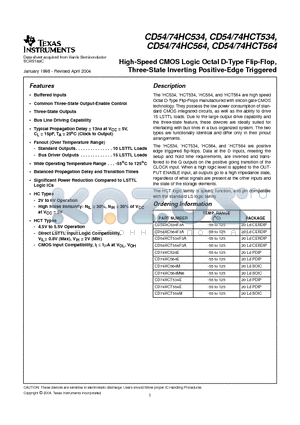 CD54HCT534F3A datasheet - High-Speed CMOS Logic Octal D-Type Flip-Flop, Three-State Inverting Positive-Edge Triggered