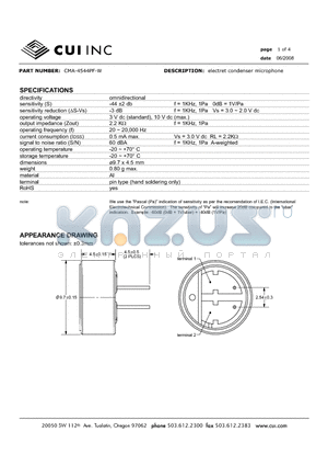 CMA-4544PF-W datasheet - electret condenser microphone