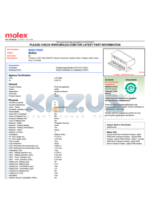 22-17-2067 datasheet - 2.54mm (.100) Pitch KK^ PC Board Connector, Bottom Entry, 0.80lm (30l) Gold (Au), 6 Circuits